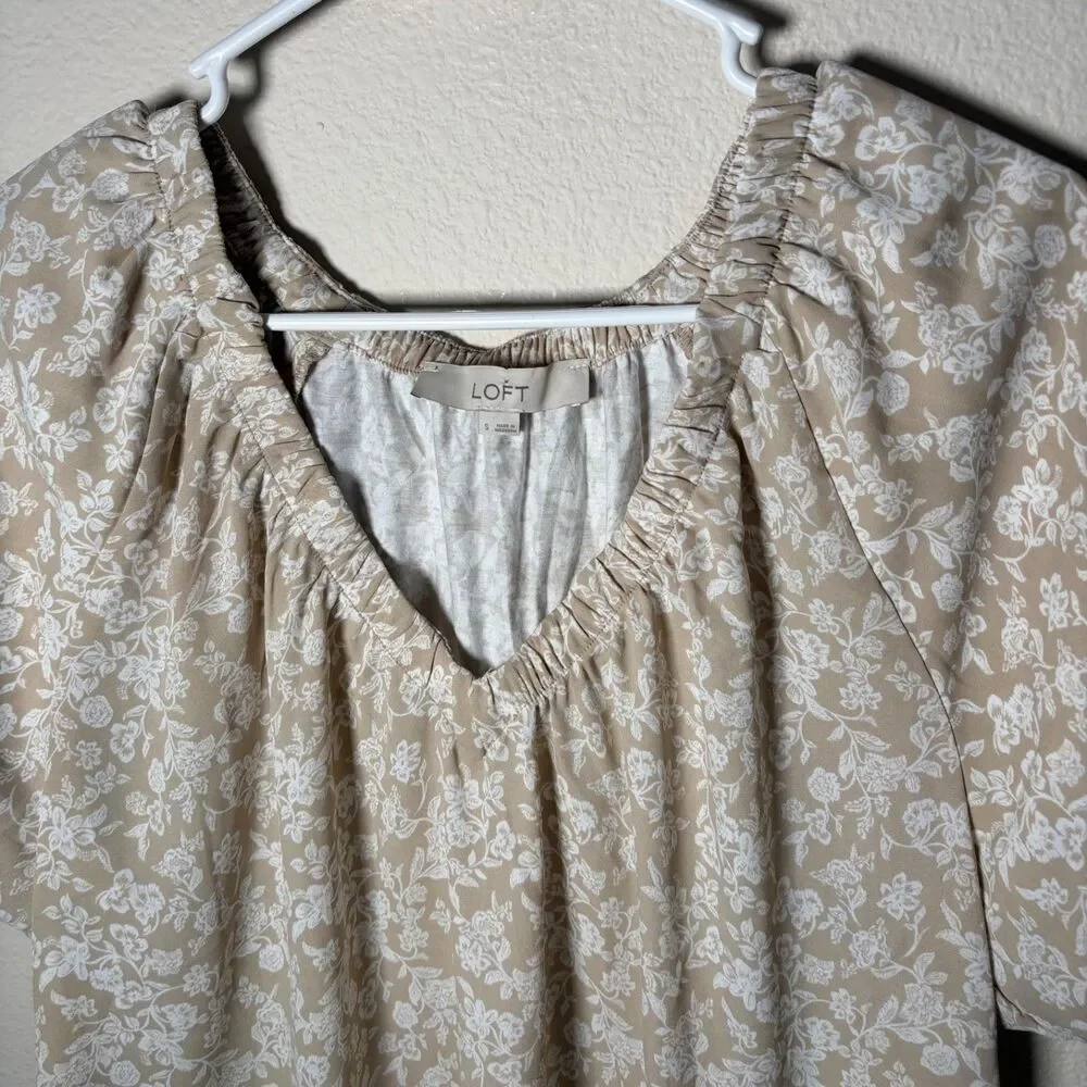Loft Blouse Women's Small Brown Floral Puff Sleeve V-Neck Casual Top Shirt